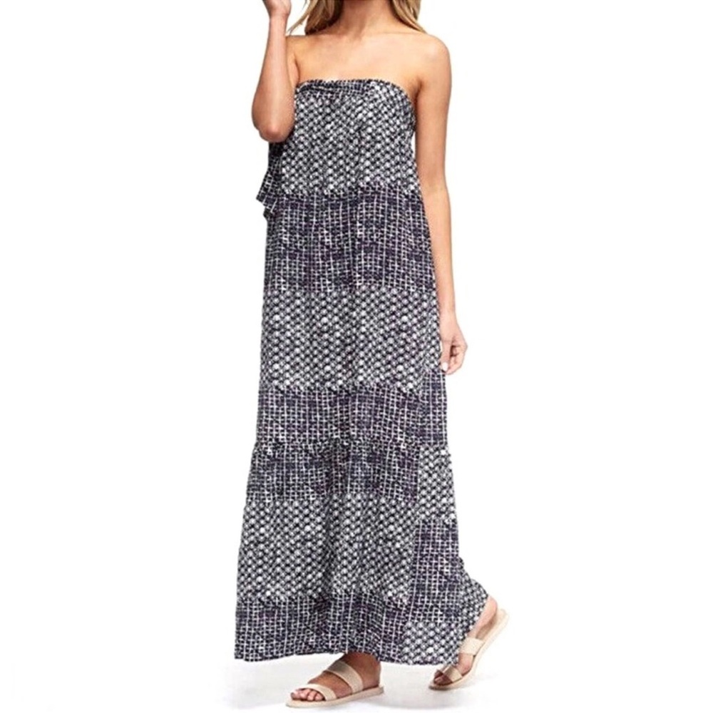 Anthro TAVIK Sunset Linen Maxi Vacation Elegant Strapless Dress Navy and White M